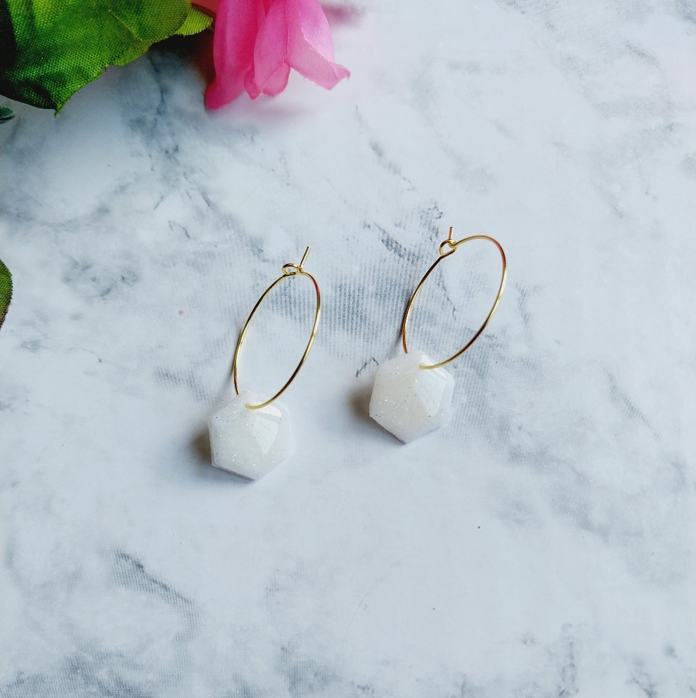 OpalGlaze Clay Sparkly White Hexagones  Hoops Hand crafted Earrings.